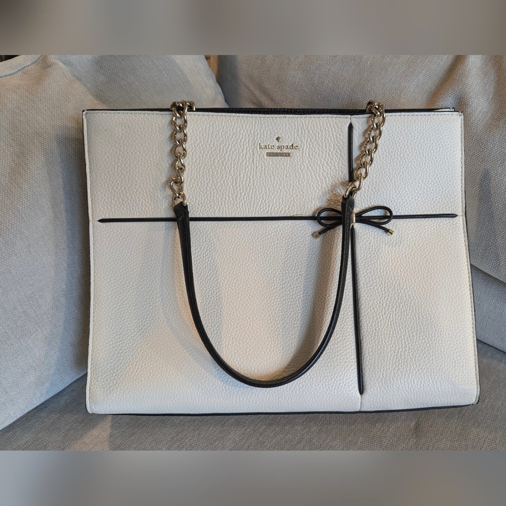 Kate Spade Cherry Street Phoebe White Pebble Leather Bow Accent Tote Bag